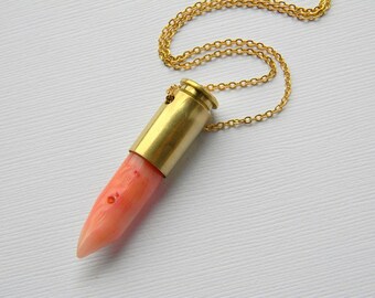Pink Coral  Bullet Shell Necklace - Coral Branch Necklace - Bullet Necklace - .40 Caliber Casing Necklace