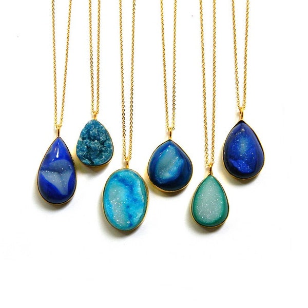 Druzy Necklace - Drusy Crystal Necklace - Gold Framed Necklace - Blue or Green Druzy Necklace - Long Layering Necklace - Gift Idea