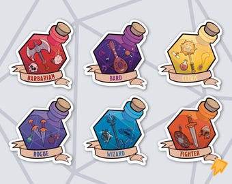 May include: Six colorful potion bottles with different class symbols inside. Each bottle is shaped like a D20 die and has a white border. The classes are Barbarian, Bard, Cleric, Rogue, Wizard, and Fighter.
