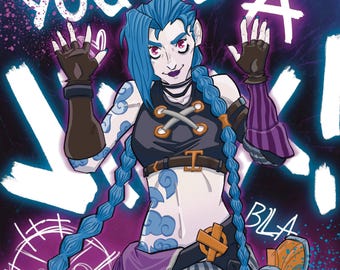 May include: A cartoon illustration of a female character with blue hair and a purple and white striped outfit. She is holding her hands up in the air and the text "YOU'RE A J**K!" is written in white on a purple background.