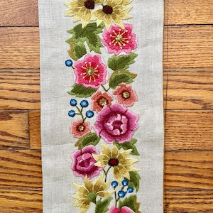 Vintage Crewel work floral Pull Bar Wall Hanging