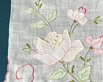 Vintage Embroidered Rose Handkerchief hanky  hankie
