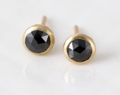 Rose Cut Black Diamond Stud Earrings in 14k Gold - Solid 14k Gold and natural Black Diamonds, Small Studs, Fine Handmade Jewelry