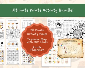 Paquete de actividades piratas: Mapa del tesoro, juegos y mantel individual (PDF imprimible)