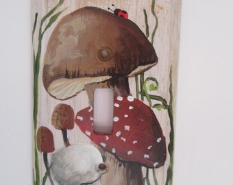 Mushroom design Hand painted Wood switch plate single toggle