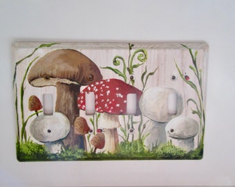 Mushroom switch Plate  4 Toggle  Quad Switch  hand painted wood wall plate