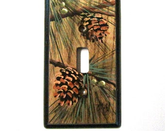 Single Switch /Toggle wood switch plate. pine cone design