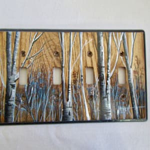 Four switch  birch tree design hand painted on stained wood