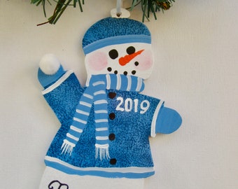 Snowman Ornament   Blue Wooden Christmas Ornament  Personalized