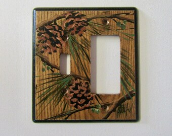 Switch /GFI or Slider Combo wood switch plate. pine cone design