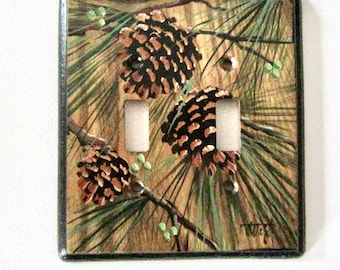 Double Switch  WOOD Wall plate  Pine Cone design