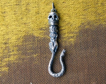 Sterling Silver Skull Hand Snake Hook Pendant: Antique Style Charm Holder