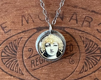 Handmade Artisan Sterling Silver Necklace with Original Artwork Pendant Featuring Machine Age Cyber Woman or Your Choice of Other Designs