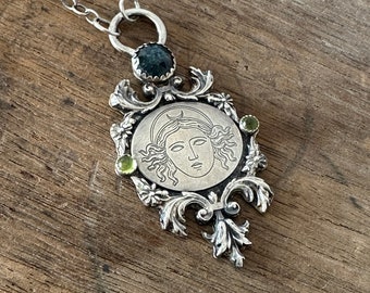 Artisan Handmade Sterling Silver and Gemstone Necklace Featuring Engraved Greek Lunar Goddess Selene Ornate Details and Gemstones
