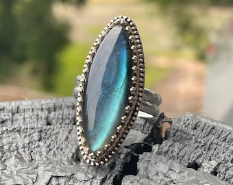 Handmade Artisan OOAK Sterling Silver and Marquise Labradorite Ring US8.75