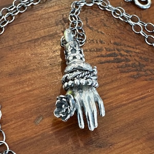 Sterling Silver Handmade Artisan Necklace Featuring Hand Holding Flower with Lacy Cuff Moving Bangles and A Flower image 1