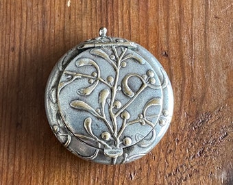 Antique French Powder Silver Plated Compact Powder Compact Chatelaine Art Nouveau Mistletoe Motif