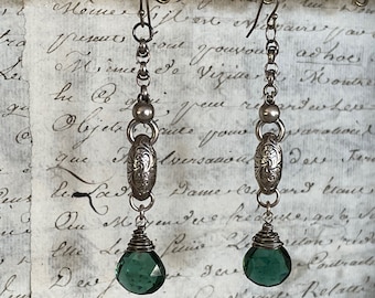 Antique Assemblage Earrings With 19th Century Silver Albert Chain Links and Green Onyx Faceted Drops