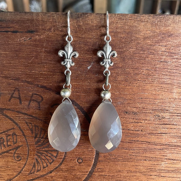 Artisan Earrings Made with Sterlign Silver Fleur de Lys Connectors and Grey Moonstone Pendants