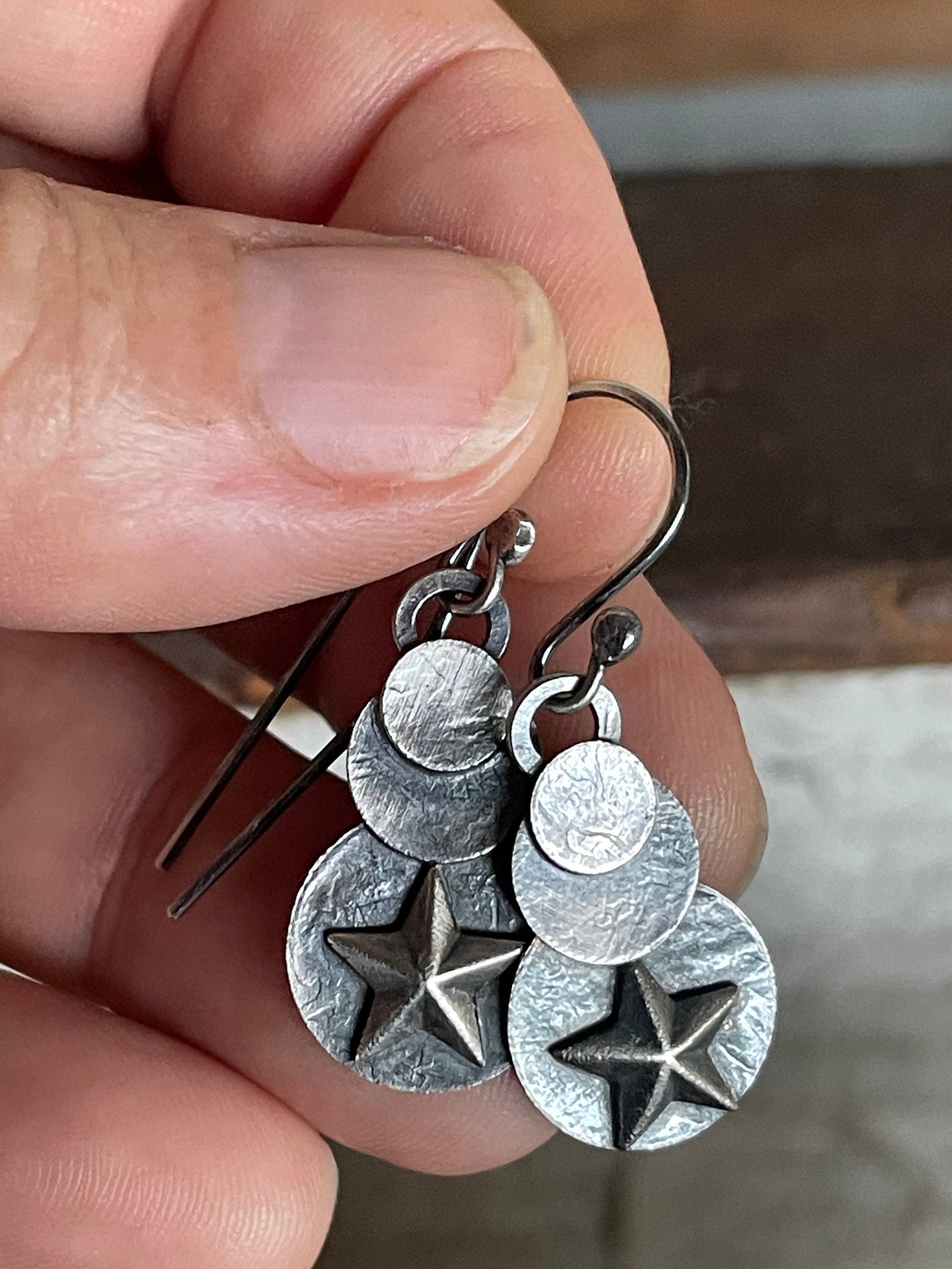Handmade Artisan Sterling Silver Moon and Star Earrings