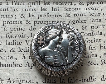 Antique French Chatelaine Silver Plated Powder Compact Early 20th Century Art Nouveau Belle Epoque Woman Holding Flower Signed Lasserre