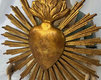 Verguld, stralend heilig hart, wanddecoratie, reproductie in antieke stijl