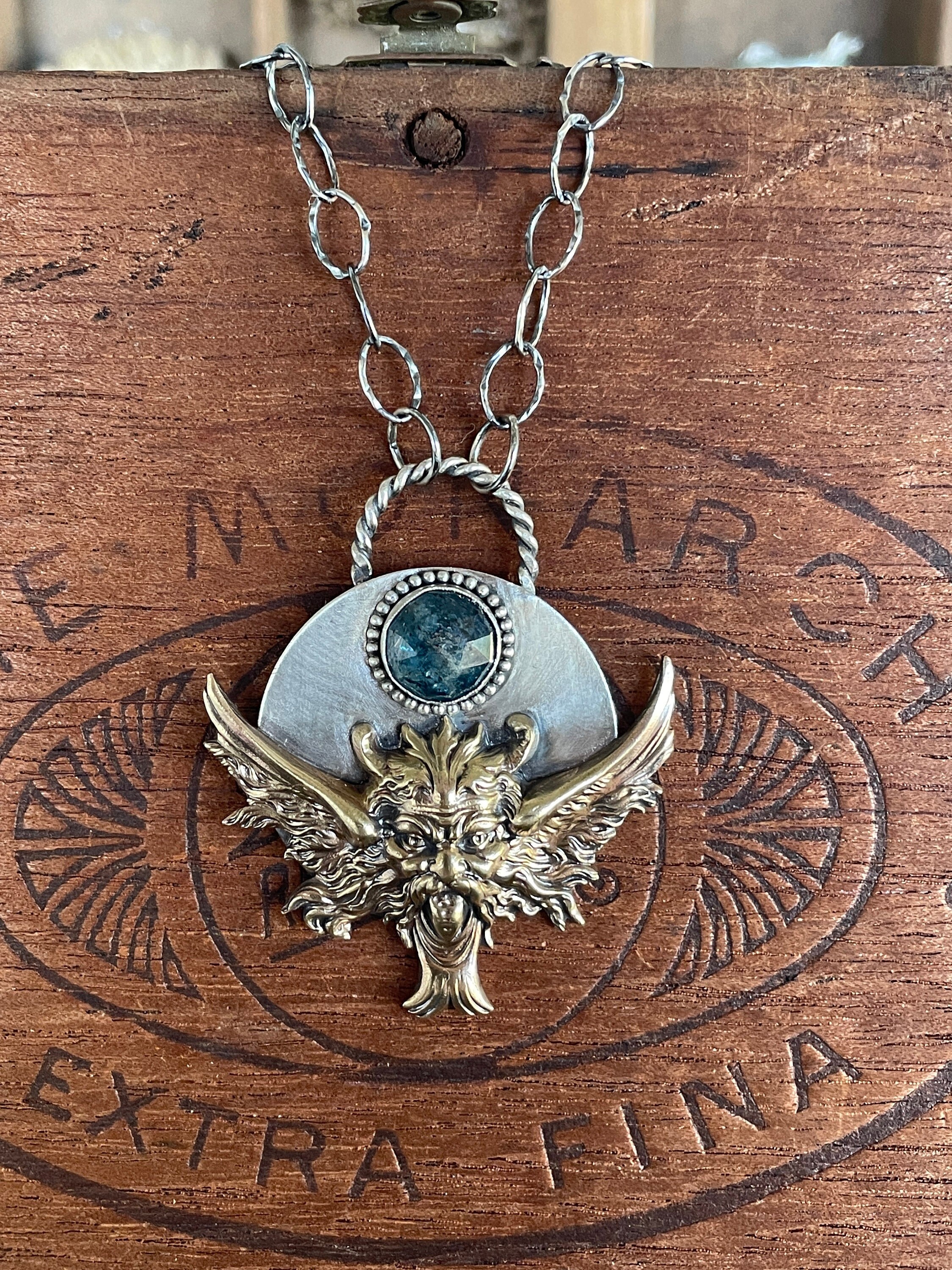 Handmade Artisan Sterling and Fine Silver Necklace Featuring Vintage French Brass Green Man Stamping with Rose Cut Blue Kyanite