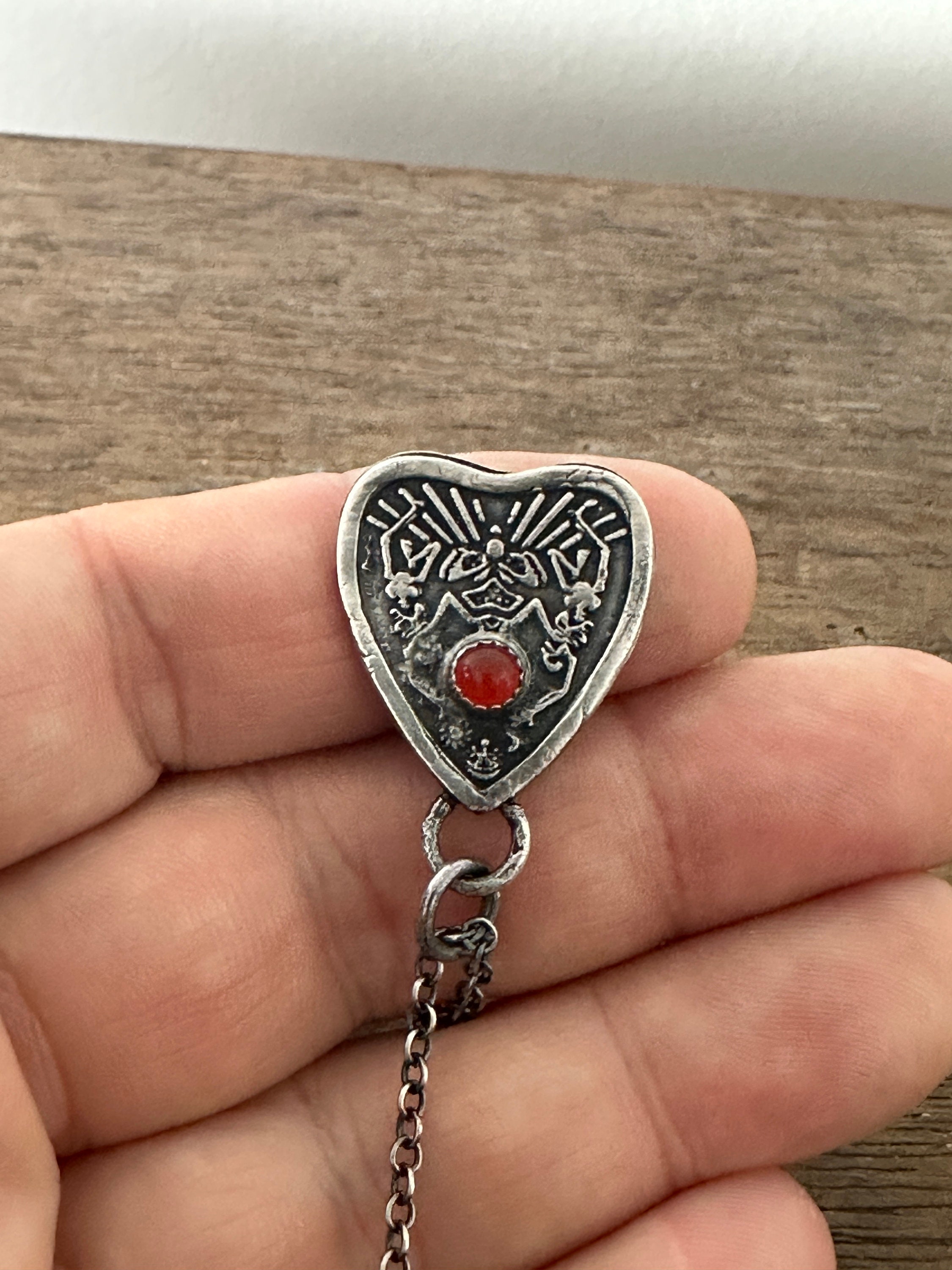 Handmade Fine and Sterling Silver Fortune Teller Dancing Skeletons Planchette Necklace Witchy Esoteric Symbolic Occult Seance