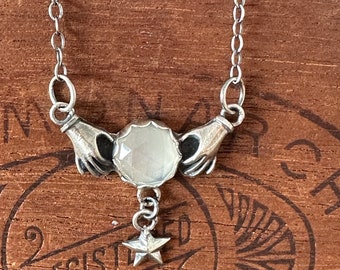 FORTUNE TELLER Artisan Handmade Sterling Silver and Gemstone Necklace Featuring Hands Holding a Rose Cut Moonstone and Star Dangle