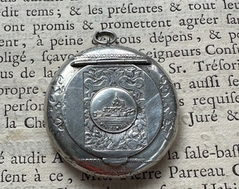 Antique French Chatelaine Silver Plated Powder Compact Late 19th Century Art Nouveau Belle Epoque Mont St Michel