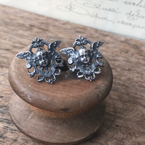 Handmade Highly Detailed Silver Winged Cherub Post Stud or Drop Earrings for Pierced Ears