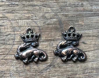 French Brass Stamping Finished Component - PAIR Crowned Salamander Pendants
