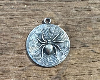 Vintage French SILVER PLATED Brass Stamping/Antique Style/Spider in Web/Button/Arachnid/Halloween/French Findings/LARGE
