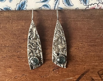 Handmade Artisan Statement Earrings Sterling and Textured Fine Silver with Blue Kyanite