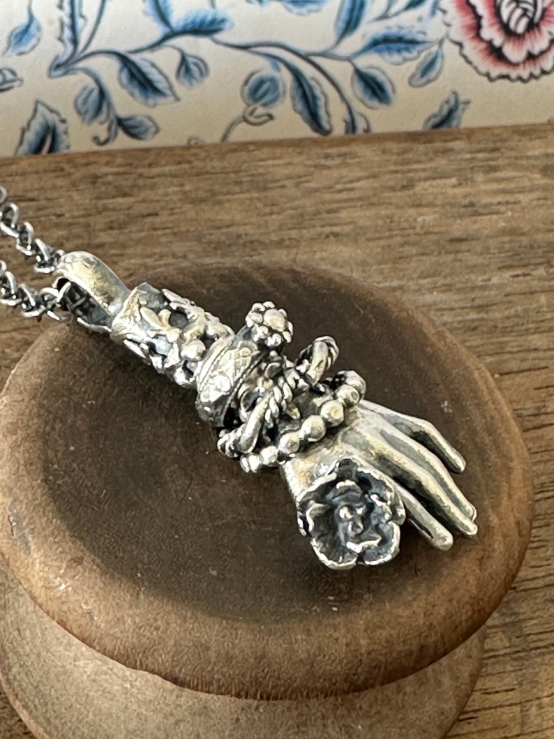 Sterling Silver Handmade Artisan Necklace Featuring Hand Holding Flower with Lacy Cuff Moving Bangles and A Flower image 5