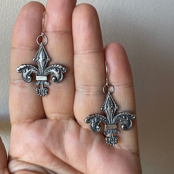 Handmade Earrings Sterling Silver Antique French Style Ornate Fleur de Lys Earrings or Necklace