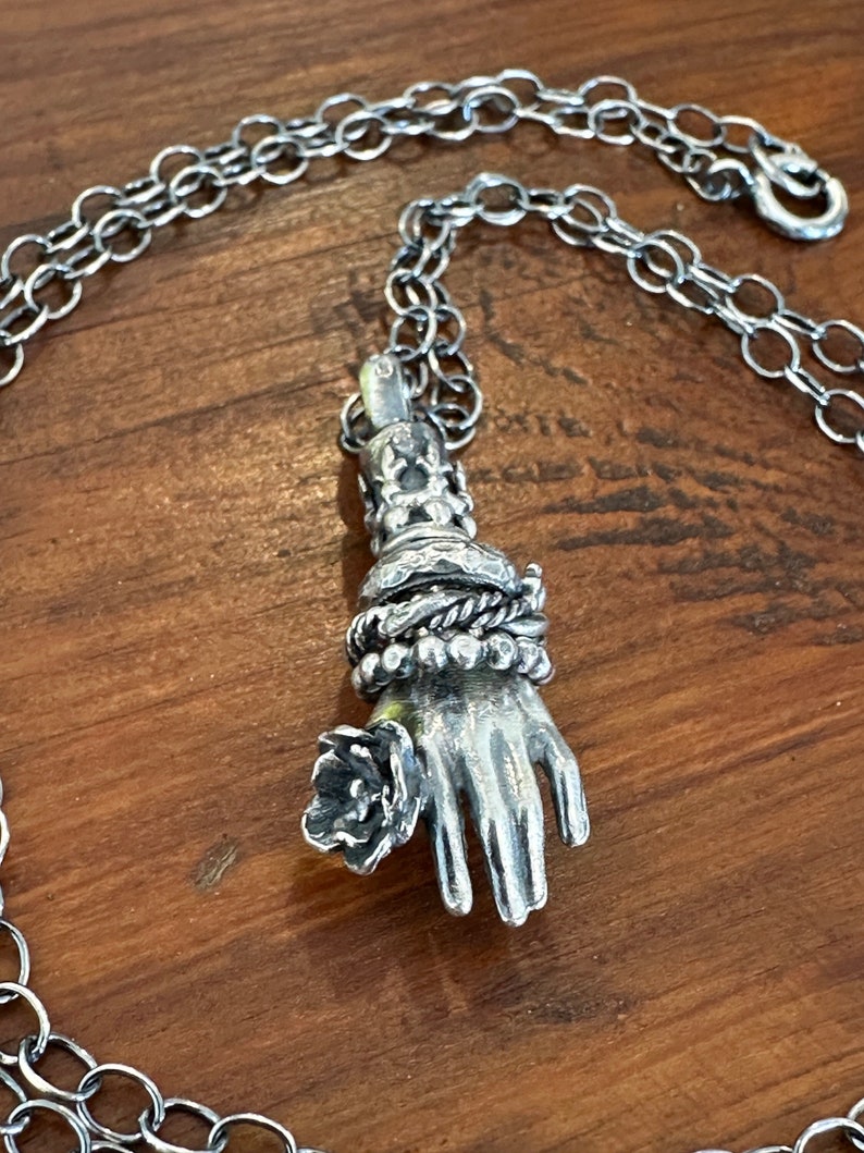 Sterling Silver Handmade Artisan Necklace Featuring Hand Holding Flower with Lacy Cuff Moving Bangles and A Flower image 1