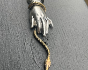 Sterling Silver Hand Holding Snake Necklace With Gold Plated Snake and Faceted Rock Crystal Bezel Chain Statement Necklace OOAK
