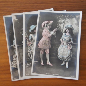 Set of Four Antique French Handpainted Postcards - A series called Marquis & Bergere