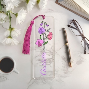 Floral Bookmark,Acrylic Name Bookmark with Tassel, Custom Floral Bookmark Gift for Her, Reading Keepsake
