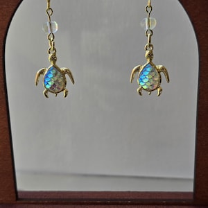 Gold Iridescent Turtle Earrings – Sea Turtle Dangle Hooks, Ocean Jewelry, Beach Lover Gift