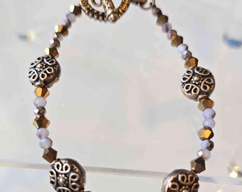 Elegant Copper Pink Crystal Bracelet with Antique Beads & Ornate Toggle Clasp