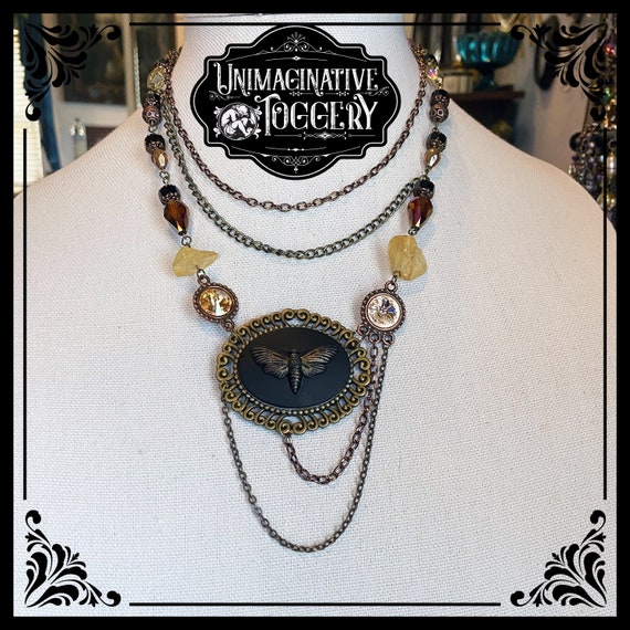 Bronze Death Head Moth Cameo Pendant Beaded Chain Multi Strand - Etsy