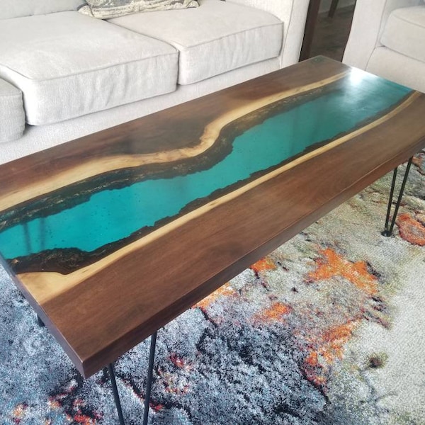 Live edge walnut and resin river coffee table