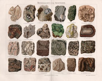 Lámina antigua de minerales y rocas: Ilustración geológica original de la década de 1890 de Meyers Konversations-Lexikon.
