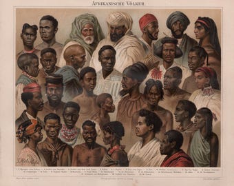 Antique African Peoples Print: Original 1890s Ethnographic Chromolithograph from Meyers Konversations-Lexikon