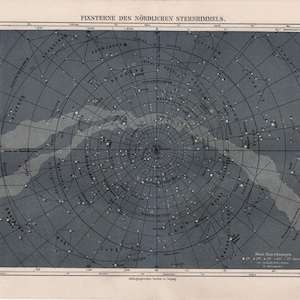 May include: Antique celestial map of the northern sky, featuring a detailed illustration of constellations and stars. The map is in shades of gray and white, with lines connecting the stars and text labels. The title "FIXSTERNE DES NÖRDLICHEN STERNHIMMELS" is at the top.