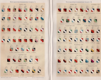 Antike Original 1890er Jahre Deutsche Universität Burschenschaft Heraldik Drucke von Meyers Konversations-Lexikon - Handbemalt in Silber und Golden