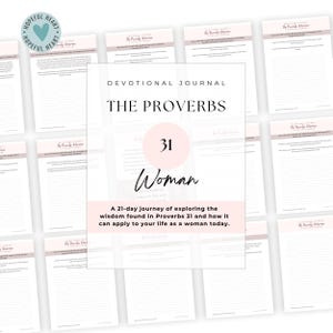 Puede incluir: Un diario devocional titulado "The Proverbs 31 Woman" con un esquema de color rosa y blanco. El diario es un viaje de 21 días para explorar la sabiduría que se encuentra en Proverbios 31 y cómo se puede aplicar a la vida hoy.