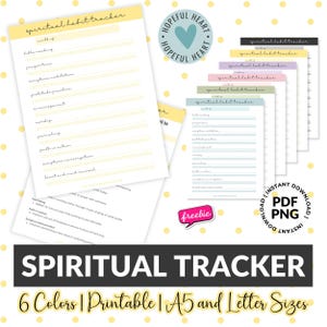 May include: A collection of printable spiritual habit trackers in various pastel colors, including yellow, pink, and green. Each tracker features a list of habits to track, such as Bible reading and prayer. The image also includes the text "Spiritual Tracker" and "6 Colors | Printable | A5 and Letter Sizes."